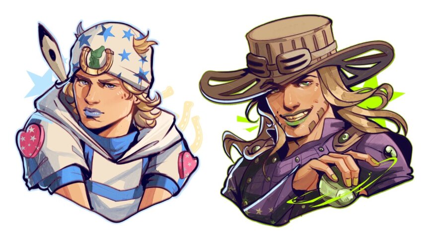2boys ball beanie beard blonde_hair blue_eyes blue_lips blue_nails blue_sleeves brown_hair brown_hat commentary cowboy_hat cropped_torso facial_hair feathers goggles goggles_on_headwear green_ball green_eyes green_lips grin gyro_zeppeli hat heart_ornament holding holding_ball hood hood_down hoodie horseshoe horseshoe_hat_ornament johnny_joestar jojo_no_kimyou_na_bouken lis_cepu long_hair male_focus medium_hair multiple_boys short_sleeves smile spinning star_(symbol) star_print steel_ball_(jojo) steel_ball_run teeth white_background white_hat white_hoodie white_sleeves yellow_nails