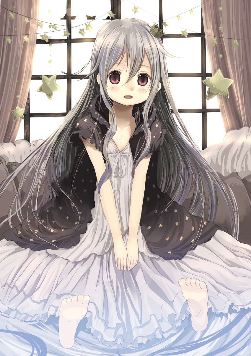 absurdres albino barefoot crown dress flat_chest highres long_hair original pale_skin red_eyes shiro_(octet) sitting soles star_(symbol) star_print white_dress white_hair