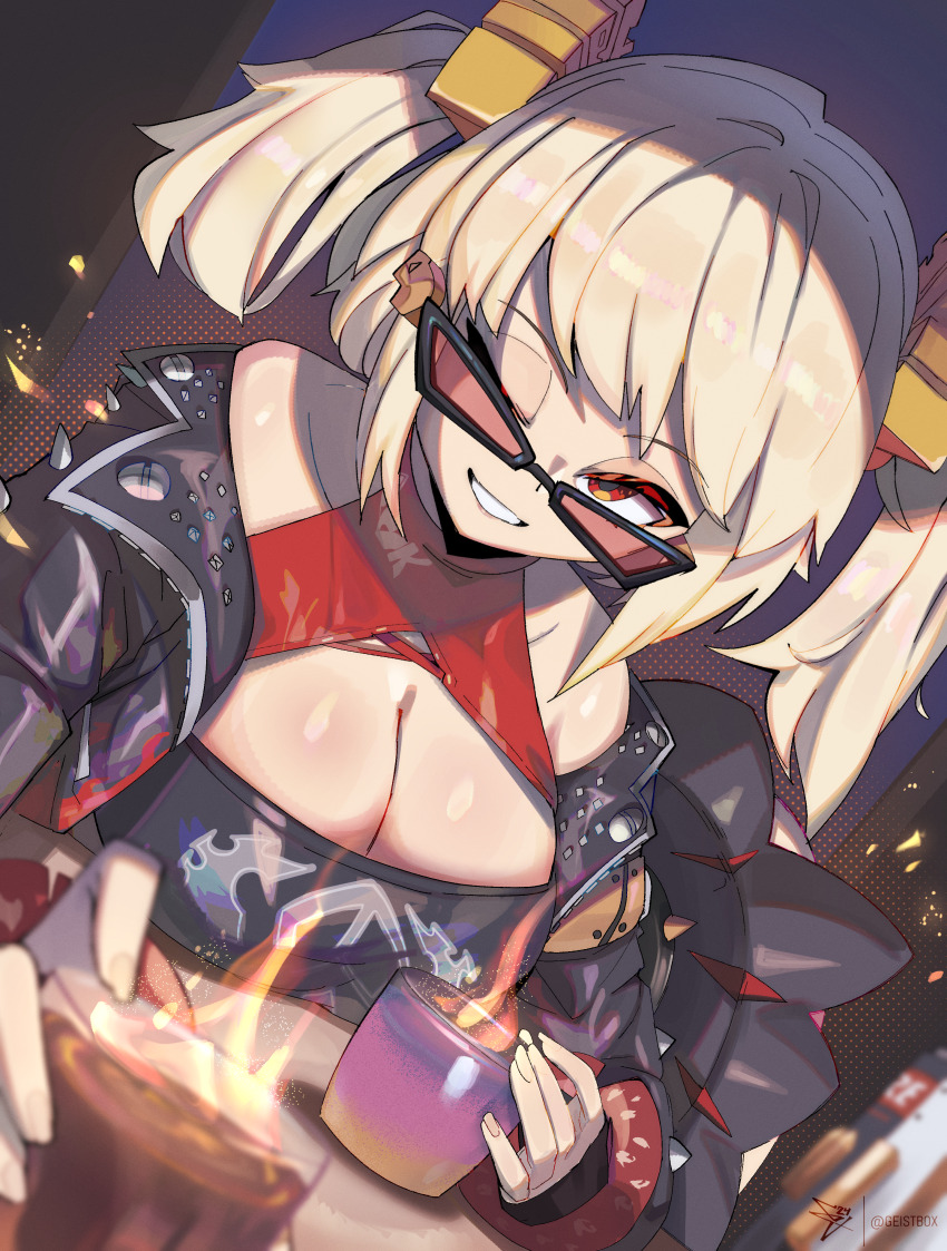 1girl absurdres alcohol black-framed_eyewear blonde_hair breasts burnice_white cleavage cleavage_cutout clothing_cutout cocktail criss-cross_halter fire geistbox halterneck highres jacket large_breasts leather leather_jacket long_hair looking_at_viewer looking_over_eyewear off-shoulder_jacket off_shoulder one_eye_closed red-tinted_eyewear red_eyes solo sunglasses tinted_eyewear twintails zenless_zone_zero
