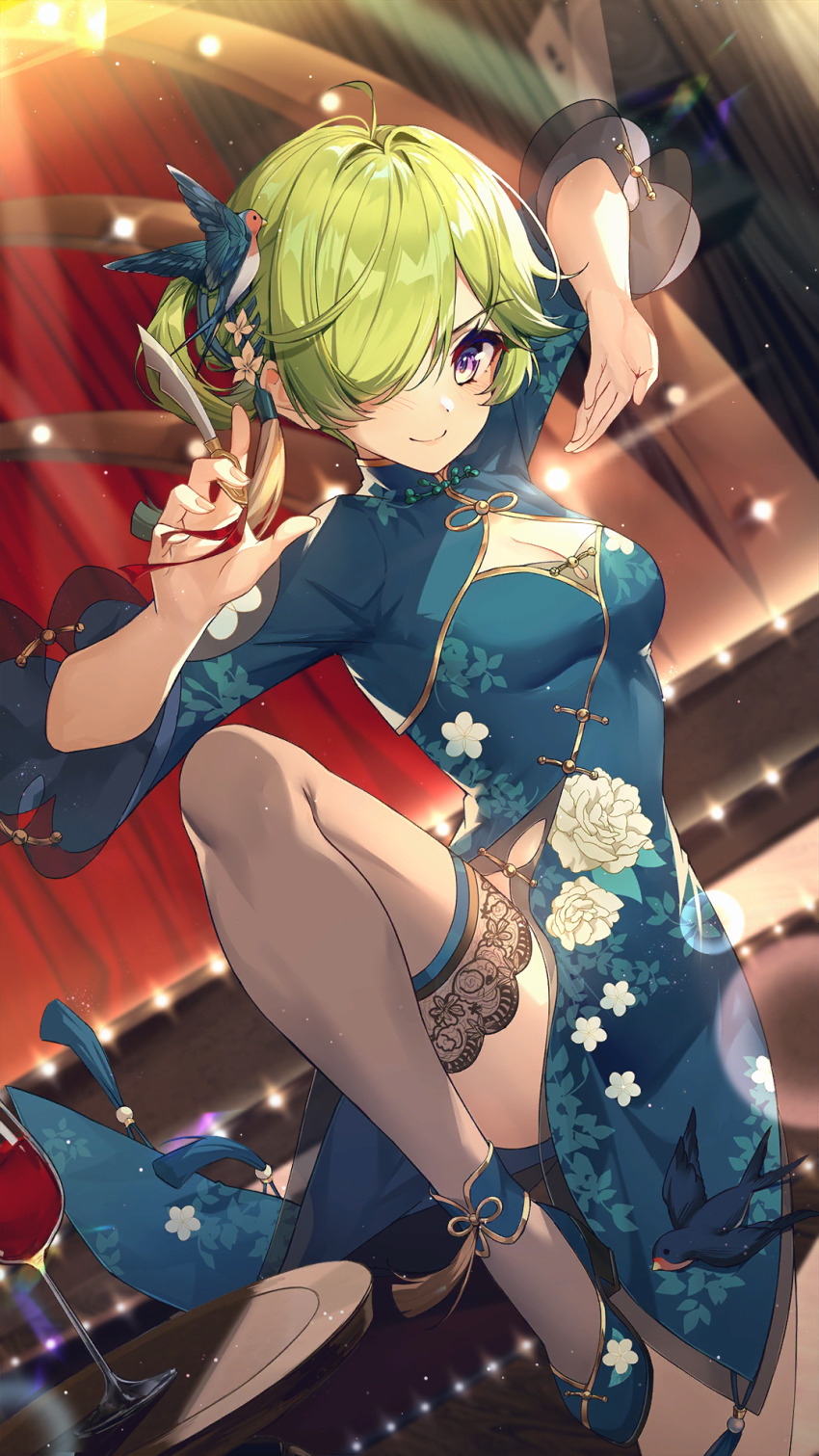 &gt;:) 1girl ahoge ankle_cuffs arm_up artist_request bird bird_hair_ornament blue_dress blue_footwear blurry blurry_background breasts china_dress chinese_clothes cleavage cleavage_cutout clothing_cutout cowboy_shot cup dart dress drinking_glass dutch_angle flats floral_print flower girl_cafe_gun green_hair grey_thighhighs hair_flower hair_ornament hair_over_one_eye hair_rings hands_up highres indoors kung_fu lace lace-trimmed_thighhighs lace_trim lens_flare heavy_lens_flare looking_at_viewer medium_breasts nie_shirou_(girl_cafe_gun) official_art one_eye_covered pelvic_curtain purple_eyes red_curtains round_table short_dress short_hair single_hair_ring three-quarter_sleeves smile solo stage_lights standing standing_on_one_leg swallow_(bird) table thighhighs v-shaped_eyebrows wine_glass