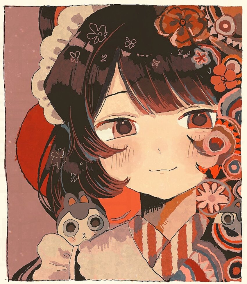 1girl animal_ears animal_hair_ornament blush border brown_background brown_hair closed_mouth dilated_pupils dog_ears flower hashtag-only_commentary heterochromia highres inui_toko inui_toko_(1st_costume) looking_at_viewer maid_headdress nijisanji pink_eyes portrait red_eyes sepia smile solo straight-on surreal swept_bangs virtual_youtuber wasabi_natsume white_headdress yellow_border