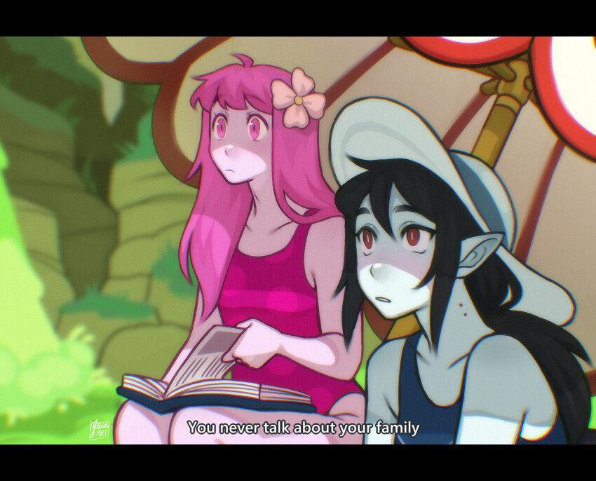 2girls absurdres adventure_time beach_umbrella bite_mark black_hair blurry blurry_background blush brown_eyes chromatic_aberration colored_skin commentary derivative_work english_commentary english_text flower gluca grey_skin hair_flower hair_ornament hat highres letterboxed long_hair marceline_abadeer multiple_girls one-piece_swimsuit pink_eyes pink_hair pink_one-piece_swimsuit pink_skin pointy_ears princess_bonnibel_bubblegum screenshot_redraw sitting subtitled sun_hat swimsuit turning_page umbrella