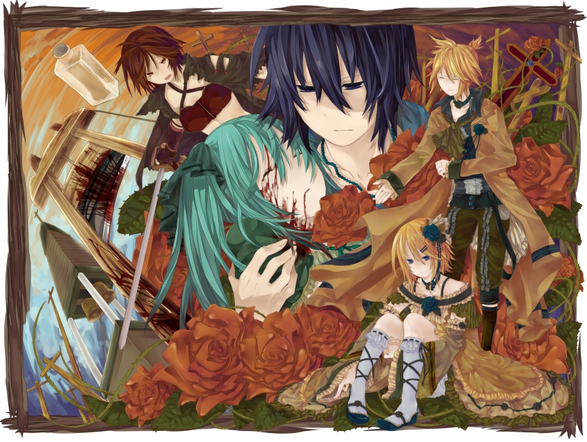 2boys 3girls aku_no_meshitsukai_(vocaloid) aku_no_musume_(vocaloid) allen_avadonia alternate_costume ascot bare_shoulders bell belt blonde_hair blood blouse blue_eyes border bottle brother_and_sister choker coat cross detached_sleeves dress dress_shirt evillious_nendaiki flower frilled_legwear frills guillotine hair_ornament hair_ribbon hairclip hatsune_miku highres inazumrai jewelry kagamine_len kagamine_rin kaito_(vocaloid) kneehighs mary_janes meiko_(vocaloid) message_in_a_bottle midriff multiple_boys multiple_girls necklace red_flower red_rose regret_message_(vocaloid) ribbon rose shirt shoes siblings sitting smile socks sword tears twintails vocaloid weapon