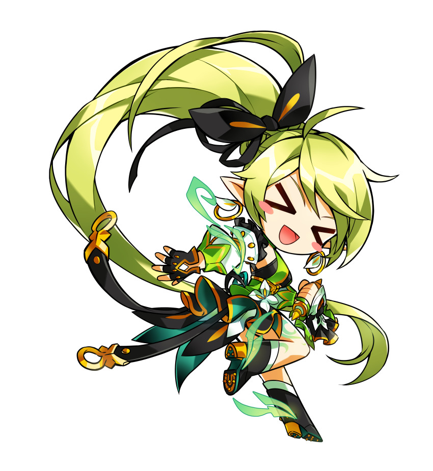 &gt;_&lt; 1girl absurdres belt black_belt black_boots black_bow black_dress black_gloves black_ribbon blush_stickers boots bow chibi clenched_hand detached_sleeves dress earrings elf elsword fingerless_gloves floating_clothes floating_hair frilled_sleeves frills game_cg gauntlets gloves gold_buckle gold_earrings green_dress green_hair hair_bow hair_ribbon high_side_ponytail highres hoop_earrings hwansang jewelry layered_dress leg_tattoo leg_up long_dress long_hair long_sleeves o-ring o-ring_belt official_art open_belt open_mouth pointy_ears ponytail_with_braided_base puffy_long_sleeves puffy_sleeves rena_erindel ribbon second-party_source single_gauntlet sleeveless sleeveless_dress smile solo swept_bangs tachi-e tattoo transparent_background very_long_hair white_sleeves