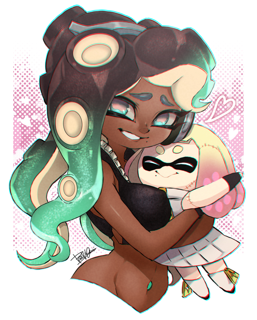 1girl aqua_eyes aqua_hair black_gloves black_shirt breasts brown_hair cephalopod_eyes character_doll chromatic_aberration commentary_request crop_top cropped_torso dark-skinned_female dark_skin doll fingerless_gloves furrowed_brow gloves gradient_hair grin groin headphones heart highres horizontal_pupils hugging_doll hugging_object isamu-ki_(yuuki) large_breasts long_hair looking_at_viewer marina_(off_the_hook_outfit)_(splatoon) marina_(splatoon) midriff mole mole_under_mouth multicolored_hair navel_piercing nintendo octoling parted_bangs pearl_(off_the_hook_outfit)_(splatoon) pearl_(splatoon) piercing pink_pupils shirt signature smile solo splatoon_(series) splatoon_2 tentacle_hair two-tone_hair zipper