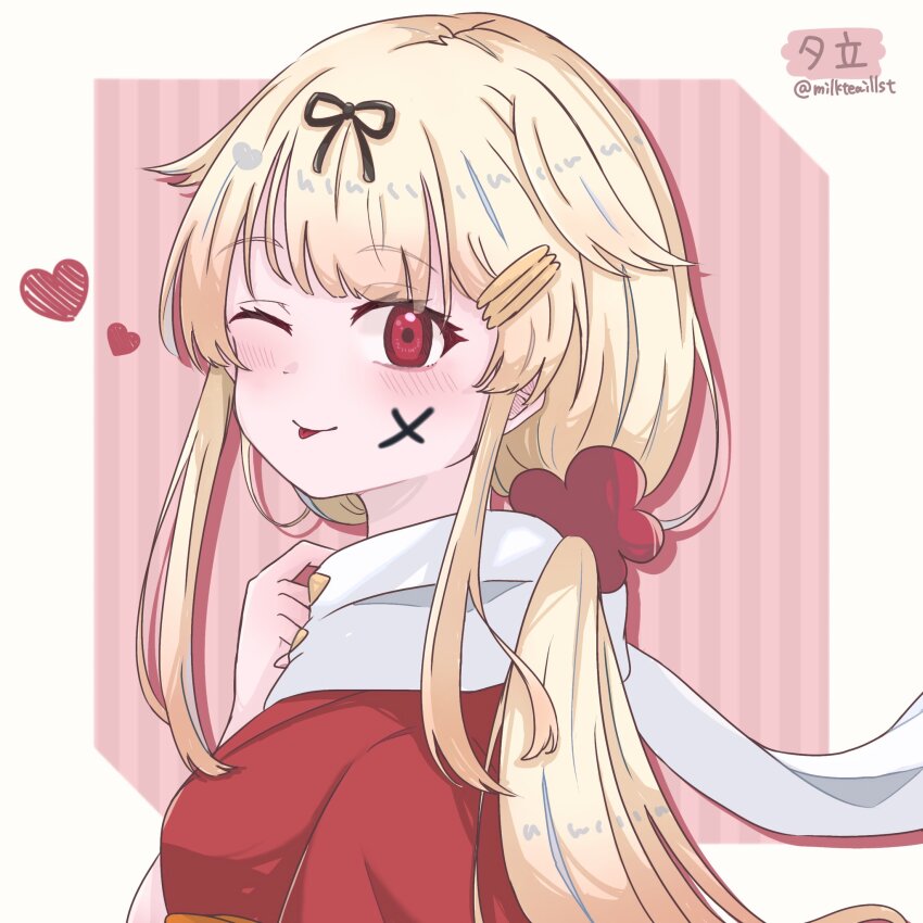 1girl black_ribbon blonde_hair blush character_name facial_mark from_side hair_ornament hair_ribbon hairclip hand_up heart highres japanese_clothes kantai_collection kimono long_hair long_sidelocks looking_at_viewer low_ponytail milktea_(milkteaillust) obi official_alternate_costume official_alternate_hairstyle one-hour_drawing_challenge one_eye_closed pink_background ponytail red_eyes red_kimono ribbon sash scarf sidelocks simple_background smile solo striped_background tongue tongue_out twitter_username upper_body white_background white_scarf x x_facial_mark yuudachi_(kancolle) yuudachi_(new_year)_(kancolle)