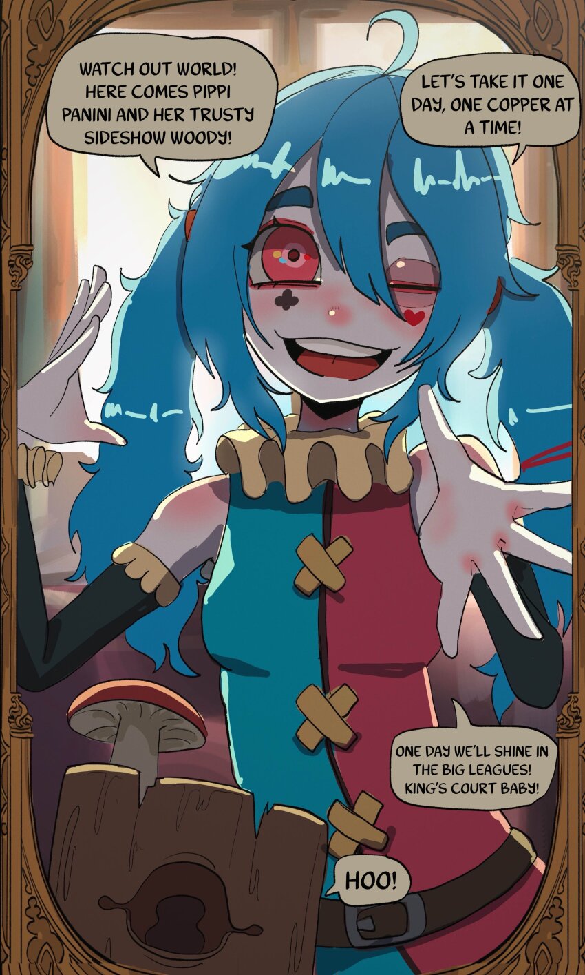 1girl absurdres ahoge aqua_hair basedbinkie colored_skin commentary english_commentary english_text facepaint frills highres jester low_twintails messy_hair mushroom one_eye_closed original pink_skin pippi_panini_(basedbinkie) speech_bubble tree_stump twintails woody_the_mockstump_(basedbinkie)