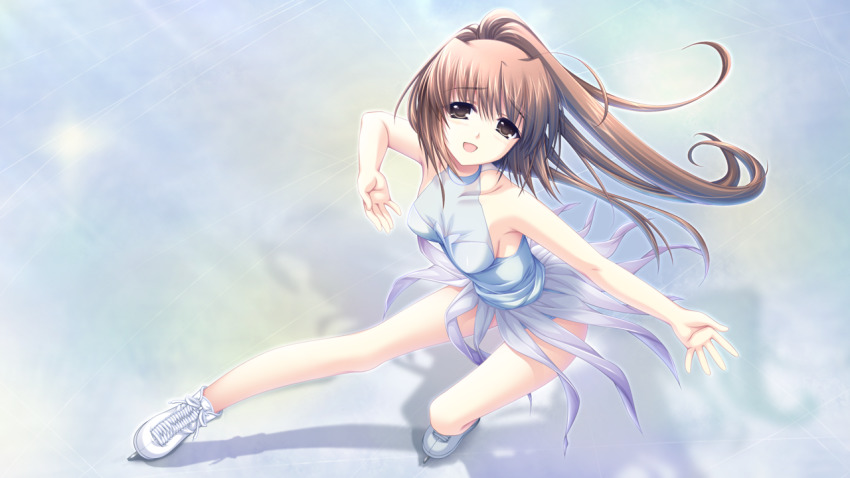 1girl :d alpha_(yukai_na_nakamatachi) azai_kanon breasts brown_eyes brown_hair collarbone floating_hair full_body g-senjou_no_maou game_cg grey_leotard hair_between_eyes ice_skates ice_skating leotard long_hair looking_at_viewer open_mouth outstretched_arm outstretched_hand ponytail skates skating small_breasts smile solo very_long_hair white_footwear