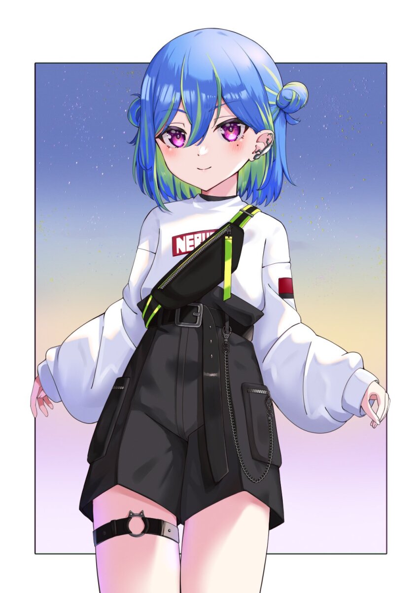 1girl belt black_belt black_shorts blue_hair blush border chain closed_mouth cowboy_shot cucurbita_pepo double_bun fingernails gradient_background green_hair hair_between_eyes hair_bun high-waist_shorts highres long_bangs long_sleeves looking_at_viewer mole mole_under_eye multicolored_hair nanashi_inc. o-ring o-ring_thigh_strap official_alternate_costume outside_border pink_eyes pocket short_hair shorts single_strap smile solo suzumi_nemo suzumi_nemo_(2nd_costume) sweater thigh_strap two-tone_hair virtual_youtuber white_border white_sweater
