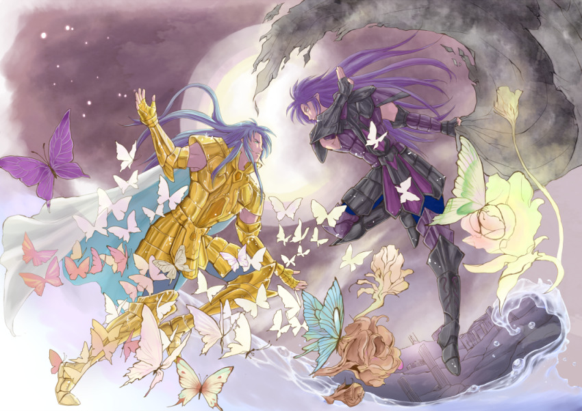 2boys armor blue_(saga_frontier) blue_hair brothers bug butterfly closed_mouth fingerless_gloves gemini_kanon gemini_saga gloves gold_armor gold_saint bug long_hair male_focus multiple_boys parody purple_hair rouge_(saga_frontier) saga saga_frontier saint_seiya siblings twins
