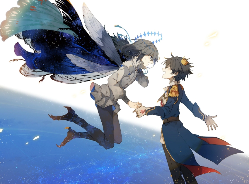 2boys belt black_belt black_hair black_pants blue_coat blue_eyes chinese_commentary closed_eyes coat commentary_request crown epaulettes fate/grand_order fate_(series) fujimaru_ritsuka_(male) fujimaru_ritsuka_(male)_(halloween_royalty) highres insect_wings long_sleeves male_focus medium_hair mini_crown multiple_boys oberon_(fate) oberon_(third_ascension)_(fate) open_mouth pants shirt short_hair smile sweat talons white_shirt wings yuezhuanlang