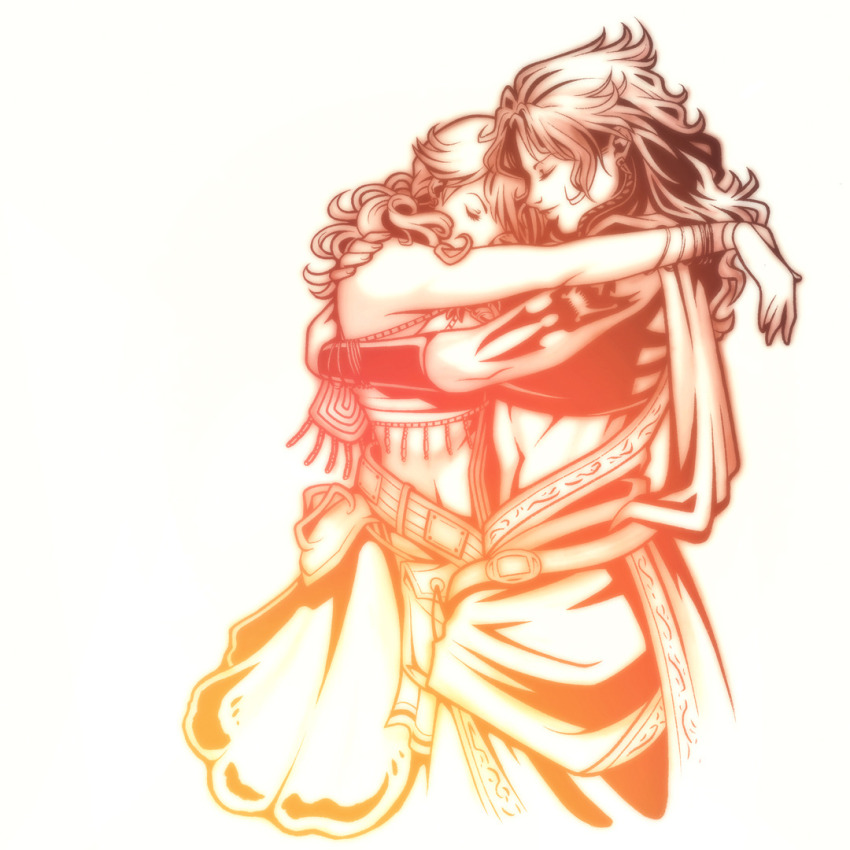 2girls amano_yoshitaka_(style) arm_markings bare_shoulders bold-lady-boss closed_eyes couple cropped_legs final_fantasy final_fantasy_viii final_fantasy_xiii hand_on_another&#039;s_shoulder heads_together hug logo_parody markings midriff multiple_girls oerba_dia_vanille oerba_yun_fang orange_theme parody simple_background smile style_parody yuri