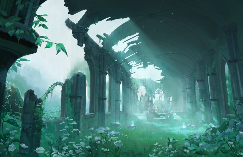 blupee dome flower grass joanne_tran light_rays nintendo overgrown post-apocalypse rain statue temple_of_time the_legend_of_zelda the_legend_of_zelda:_breath_of_the_wild white_flower