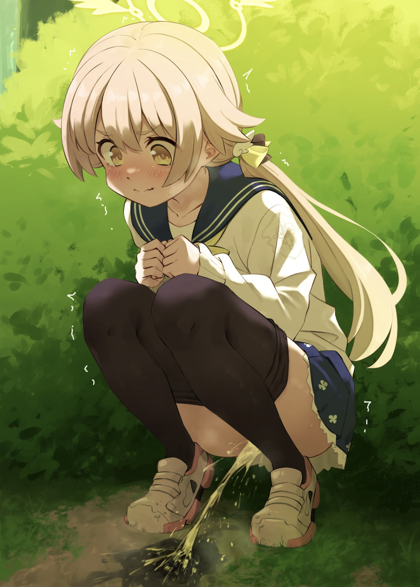 1girl black_pantyhose blue_archive blue_skirt blush bush closed_mouth clothes_pull day full_body halo hifumi_(blue_archive) highres long_hair long_sleeves oooesonitn outdoors pantyhose pantyhose_pull pee peeing sailor_collar school_uniform shirt shoes skirt solo squatting twintails yellow_eyes
