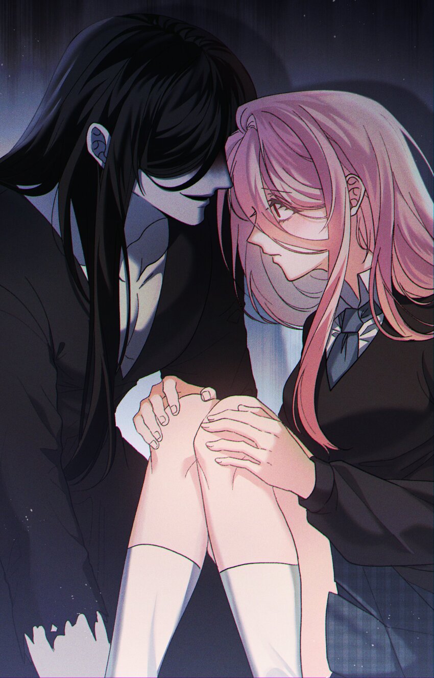 1boy 1girl absurdres bbabbamis2 black_background black_hair black_kimono black_sweater blush commentary_request heroine_(homicipher) hetero highres homicipher japanese_clothes kimono kneehighs knees_up korean_commentary long_hair looking_at_another mr._crawling pink_hair red_eyes sitting skirt socks sweater