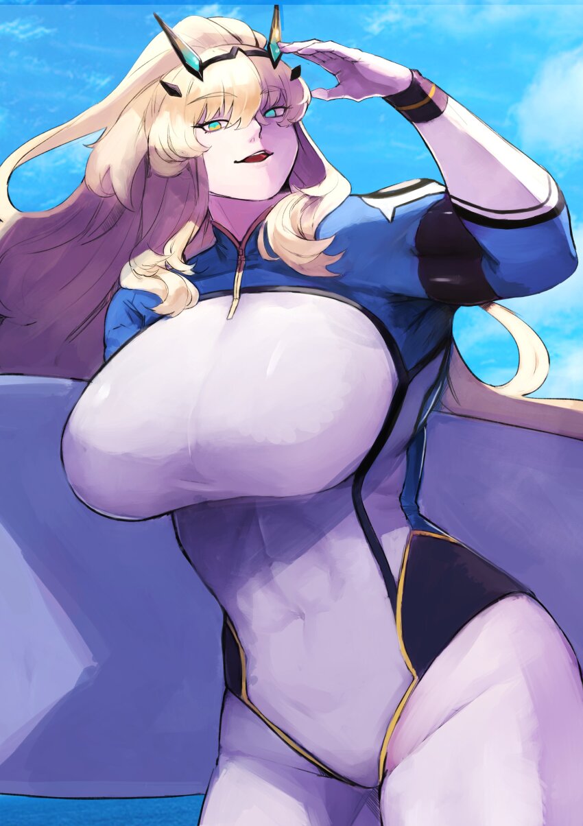 absurdres barghest_(fate) barghest_(over_the_same_sky)_(fate) blonde_hair blue_eyes bracelet breasts fate/grand_order fate_(series) gumi_(the_eye_of_darkness) hair_between_eyes hand_up heterochromia highleg highleg_one-piece_swimsuit highres horns huge_breasts jewelry long_hair one-piece_swimsuit open_mouth orange_eyes swimsuit thick_thighs thighs wide_hips zipper