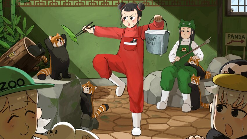 4girls :o absurdres balancing bird black_eyes black_hair blush_stickers boots bucket chopsticks closed_eyes commentary diva_(hyxpk) donut_stamp double_bun duck english_commentary feeding green_hat green_overalls grey_hair hair_bun hat highres holding holding_chopsticks long_hair multiple_girls older_panda_keeper_(diva) overalls penguin_hat penguin_keeper_(diva) red_overalls red_panda red_shirt rubber_boots seal_keeper_(diva) shirt short_hair sitting slice_of_life smile standing standing_on_one_leg stuffed_seal white_footwear white_shirt younger_panda_keeper_(diva) zoo zookeeper zookeepers_(diva)