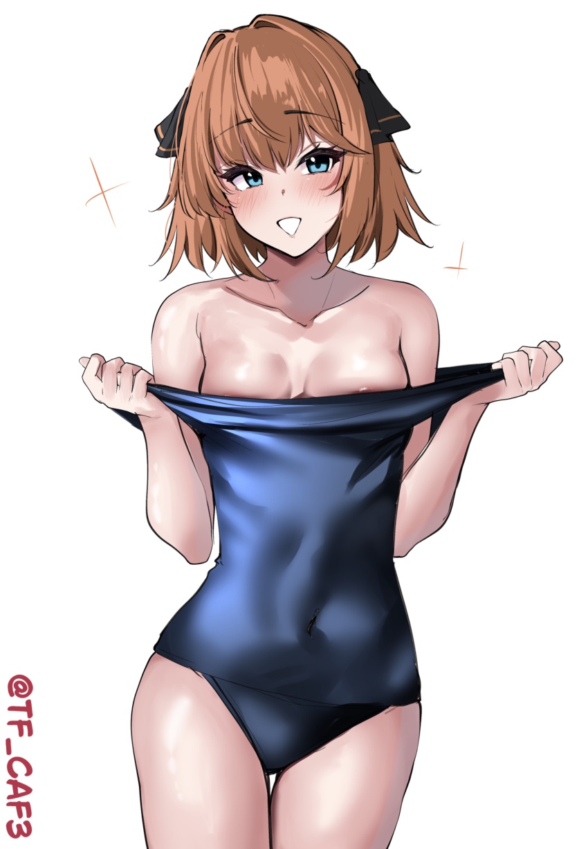 1girl absurdres alternate_breast_size_(larger) black_bow blue_eyes blue_one-piece_swimsuit blush bow breasts brown_hair clothes_pull collarbone commentary_request covered_navel cowboy_shot hachijou_(kancolle) hair_between_eyes hair_bow hair_intakes highres kantai_collection looking_at_viewer medium_breasts medium_hair nipples old_school_swimsuit one-hour_drawing_challenge one-piece_swimsuit one-piece_swimsuit_pull open_mouth school_swimsuit sidelocks simple_background solo sparkle standing swimsuit tf_cafe triangle_mouth twitter_username white_background