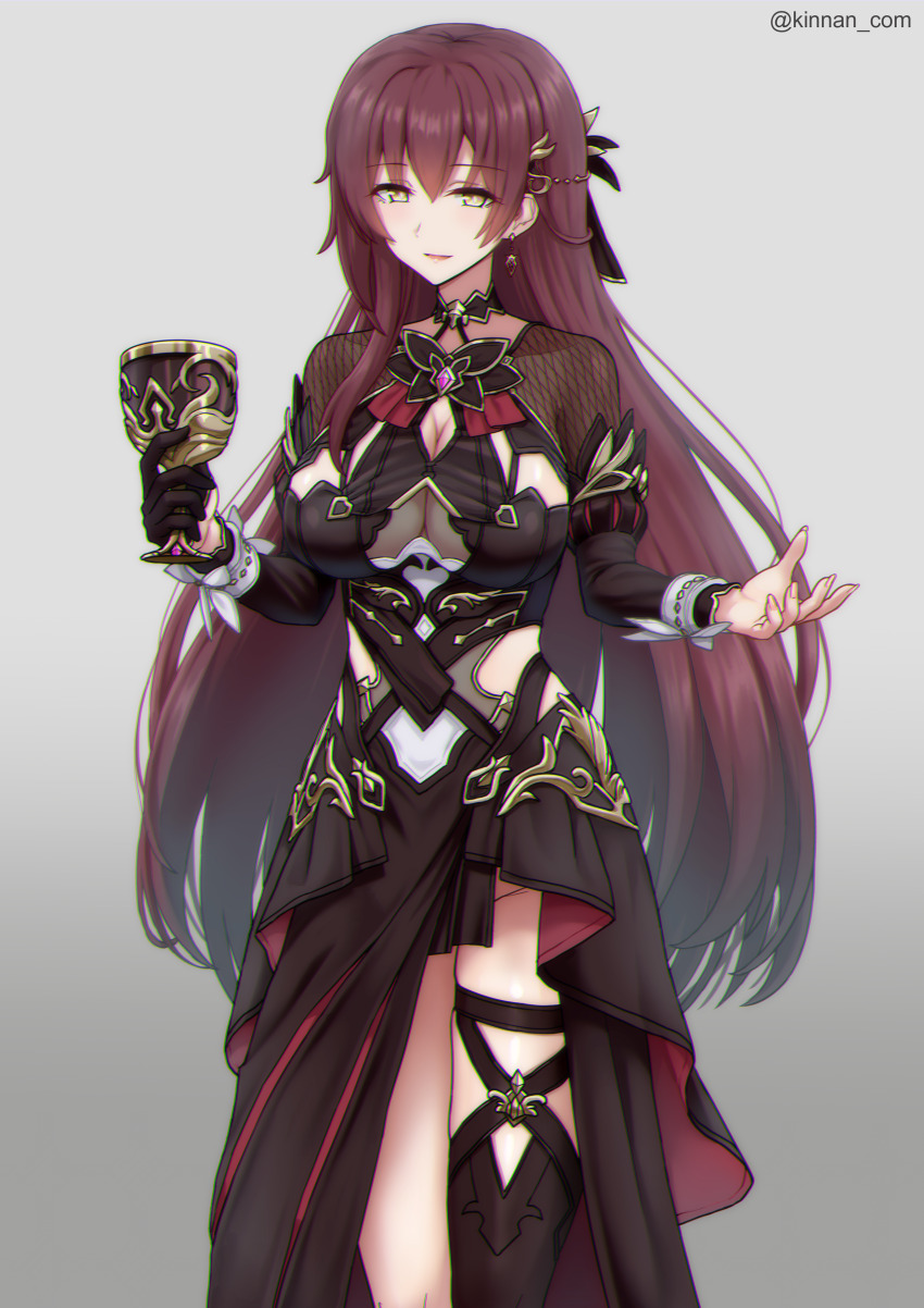 1girl absurdres bilingual_commentary black_dress black_gloves black_thighhighs breasts brown_hair chalice cleavage cleavage_cutout clothing_cutout commentary commentary_request cup dress eden_(honkai_impact) english_commentary gloves grey_background highres holding holding_cup honkai_(series) honkai_impact_3rd kinnan large_breasts long_hair mixed-language_commentary see-through_cleavage see-through_clothes simple_background single_glove single_thighhigh smile solo thighhighs very_long_hair yellow_eyes