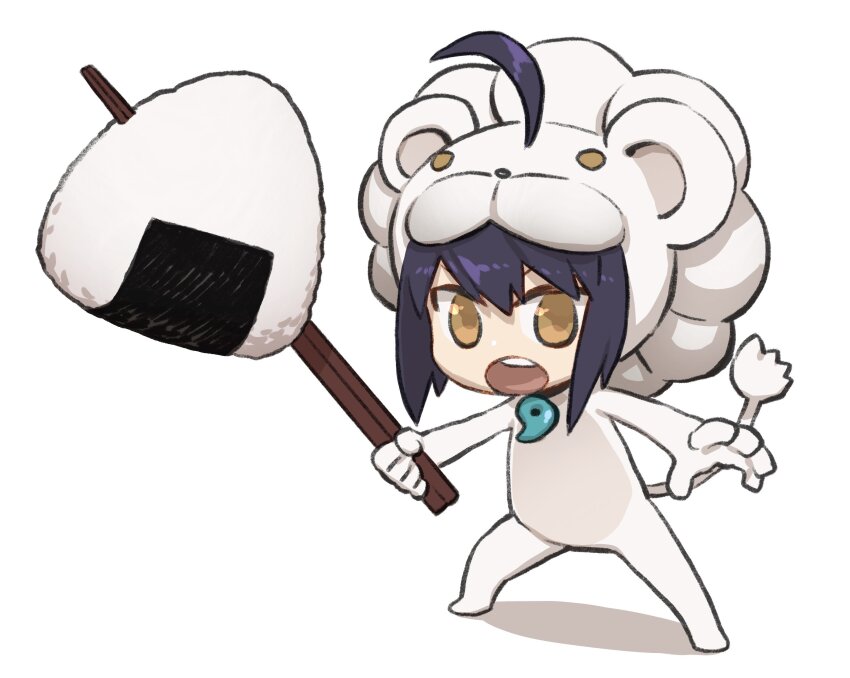 1other absurdres ahoge animal_costume artoria_pendragon_(fate) black_hair brown_eyes chibi chopsticks cosplay fate/samurai_remnant fate_(series) food highres lion_costume magatama miwa_shirow onigiri saber_lion saber_lion_(cosplay) white_background yamato_takeru_(fate)