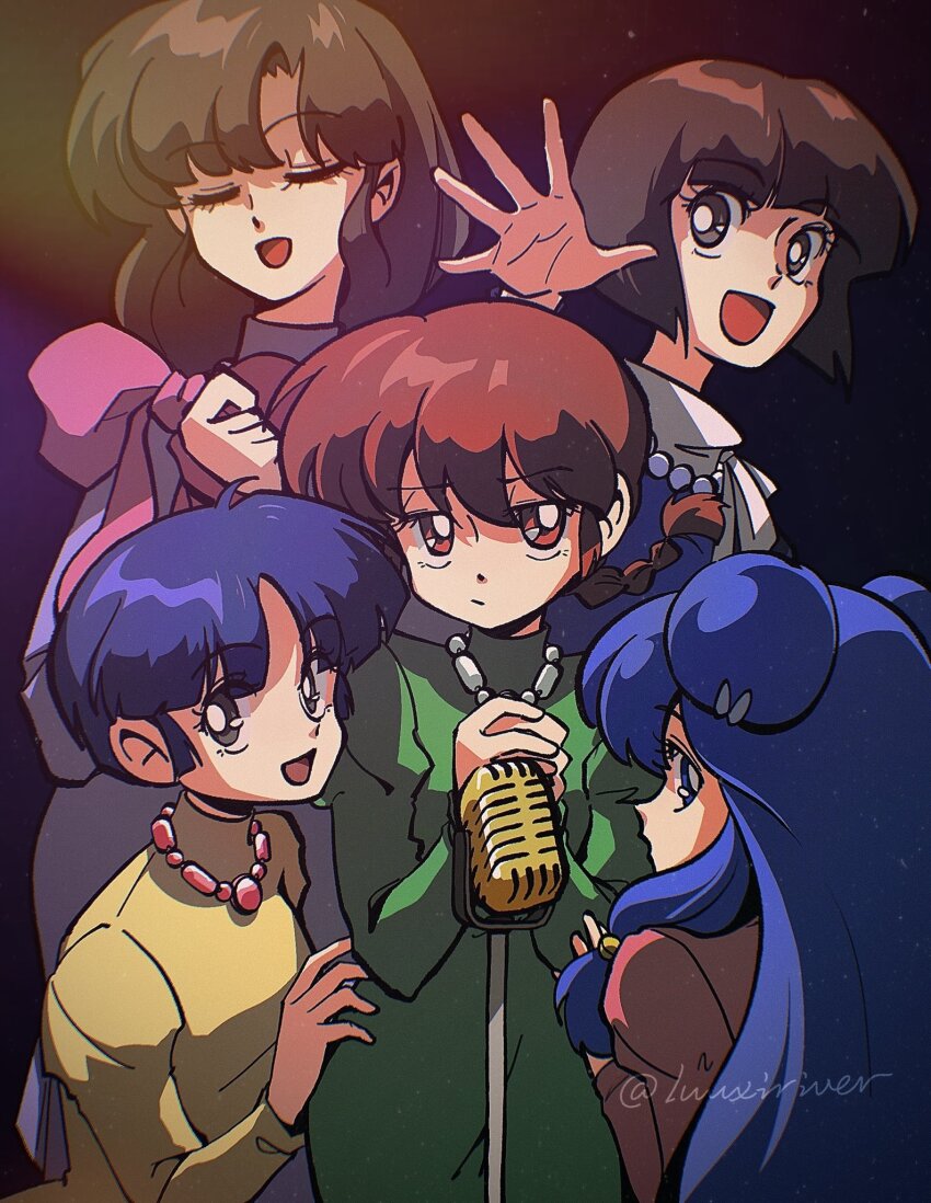 5girls blue_eyes blue_hair bow brown_hair dress grey_eyes highres jewelry luuxiriver microphone multiple_girls music necklace official_alternate_costume pink_bow ranma-chan ranma_1/2 red_eyes red_hair saotome_ranma shampoo_(ranma_1/2) singing tendou_akane tendou_kasumi tendou_nabiki