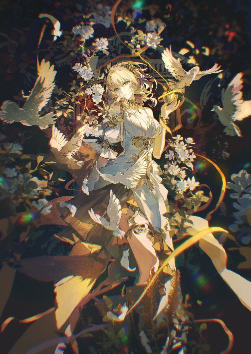 1girl aglaea_(honkai:_star_rail) ancient_greek_clothes apple bird blonde_hair breasts cleavage commentary dress flower food fruit golden_apple greco-roman_clothes green_eyes highres holding holding_food holding_fruit honkai:_star_rail honkai_(series) large_breasts laurel_crown lobelia_(saclia) rose short_hair white_bird white_dress white_flower white_rose
