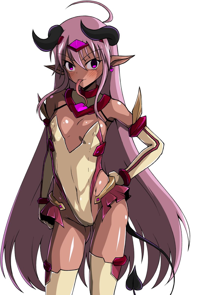 1girl absurdres ahoge aoi_tabane bare_shoulders blush breasts circlet covered_erect_nipples covered_navel cowboy_shot cropped_legs dark-skinned_female dark_skin demon_girl demon_horns demon_tail earrings elbow_gloves gloves gluteal_fold hair_between_eyes hand_on_own_hip heart heart_earrings highleg highleg_leotard highres horns jaggy_lines jewelry kougyaku_reiki leotard loli long_hair long_tongue looking_at_viewer pink_eyes pink_hair pointy_ears purple_eyes purple_hair red_trim shakugan_no_shana shana simple_background small_breasts smile solo standing tail thighhighs tongue tongue_out transparent_background very_long_hair white_background white_gloves white_thighhighs