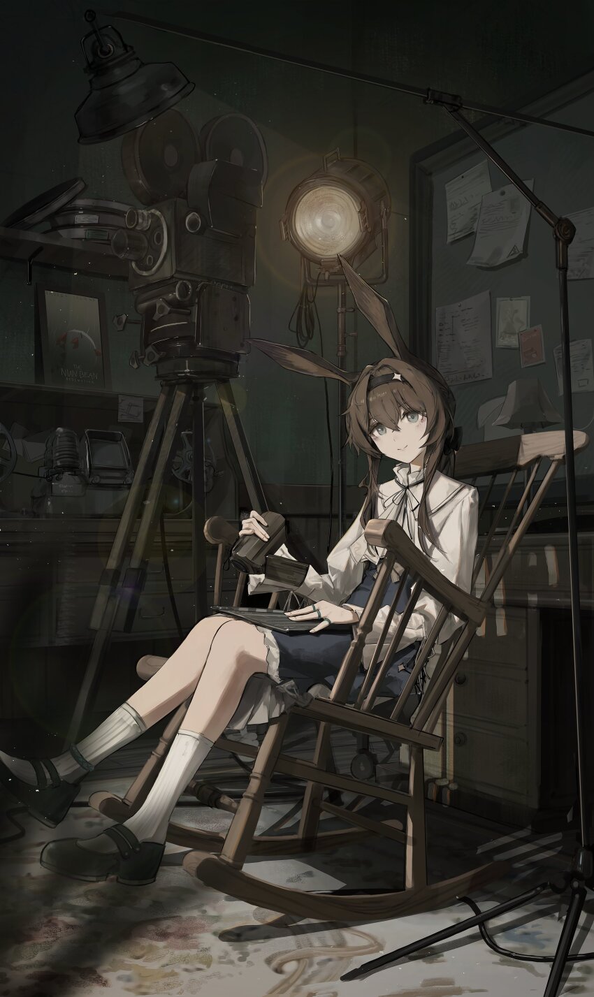1girl absurdres animal_ears anklet arknights billboard black_hairband black_ribbon black_shoes black_skirt brown_hair camera chair character_name chest_of_drawers clapperboard closed_mouth commentary dragon_bubble_(arknights) film_strip fingernails full_body green_eyes hair_between_eyes hair_intakes hairband highres holding holding_camera indoors jewelry kneehighs lamp lens_flare light_particles long_hair long_sleeves looking_at_viewer movie_projector multiple_rings neck_ribbon nian_(arknights) nueegochi on_chair paper picture_frame projector recording_studio ribbon ring shelf shirt shoes sitting skirt smile socks solo stage_lights studio symbol-only_commentary video_camera white_shirt white_socks