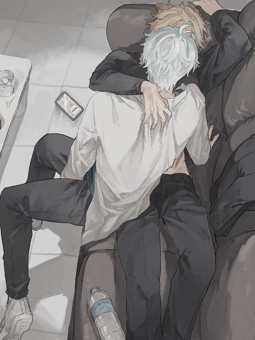 2boys antenna_hair black_pants black_sweater blonde_hair braid collared_shirt commentary_request couch gradient_hair hand_on_another&#039;s_shoulder highres honkai:_star_rail honkai_(series) lying male_focus medium_hair multicolored_hair multiple_boys mydei_(honkai:_star_rail) on_back on_couch pants phainon_(honkai:_star_rail) ramuniku_ooo red_hair red_tattoo shirt shoes short_hair side_braid sweater white_hair white_shirt white_shoes yaoi