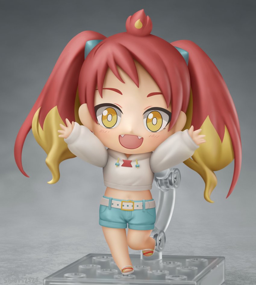 1girl :d arms_up belt blonde_hair blue_shorts bright_pupils chibi denim denim_shorts drawstring fangs figure_stand grey_background hairband hands_up highres hikasa_tomoshika hood hoodie long_sleeves looking_at_viewer midriff multicolored_hair navel nendoroid open_mouth red_hair sandals shiori2525 shorts simple_background sleeves_past_wrists smile solo twintails two-tone_hair virtual_youtuber voms white_belt white_hoodie white_pupils yellow_eyes