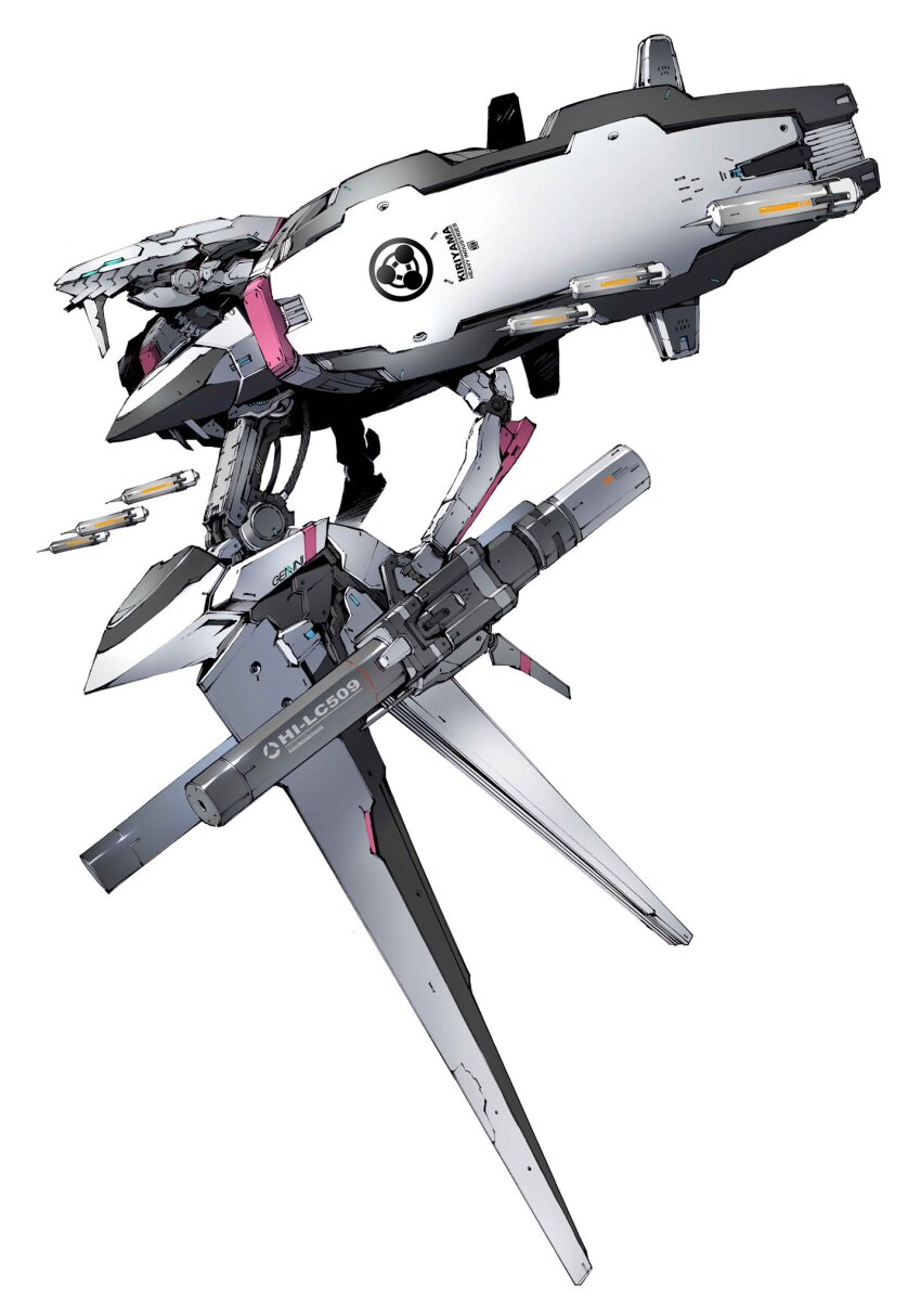 blue_eyes cable deceive_v dual_wielding full_body gun highres holding holding_gun holding_weapon kurogane_no_linebarrel mecha needle no_humans official_art robot science_fiction shimizu_eiichi shimoguchi_tomohiro weapon white_background