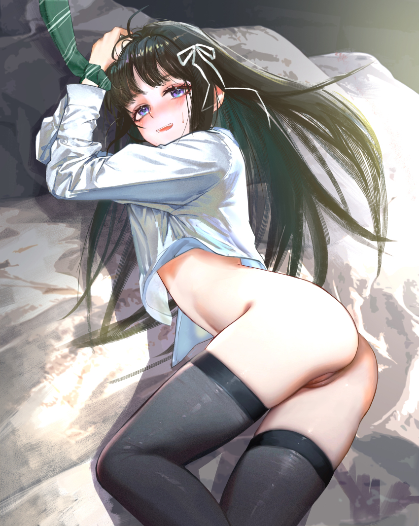 1girl absurdres ahoge ass awa_subaru black_hair black_thighhighs blush bottomless bound bound_wrists cleft_of_venus commentary_request fang girls_band_cry green_necktie hair_ribbon highres jin_sumire long_hair long_sleeves looking_at_viewer necktie open_mouth parted_bangs partial_commentary pussy ribbon shirt sidelocks skindentation solo sweatdrop teeth thighhighs upper_teeth_only variant_set white_ribbon white_shirt
