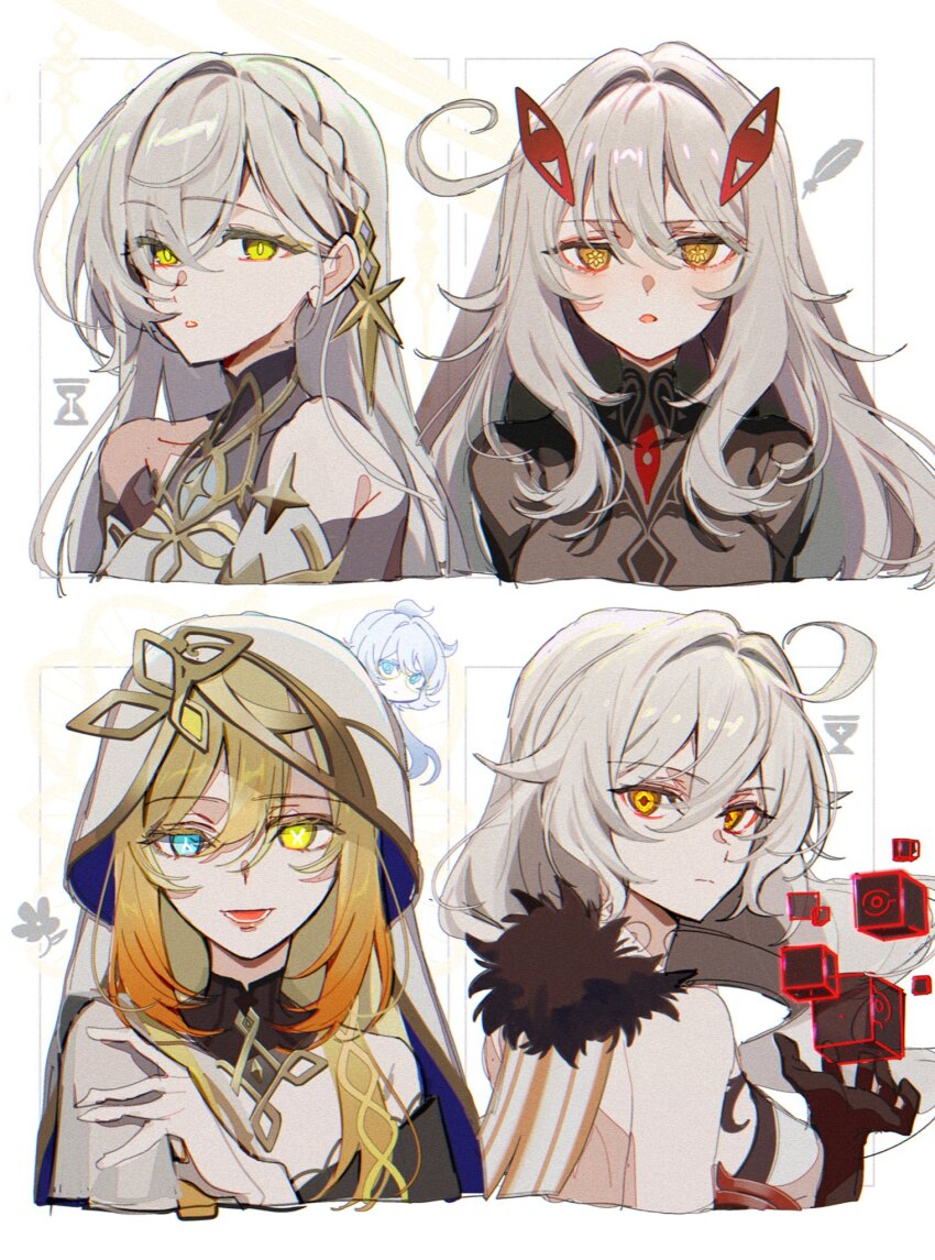 5girls ahoge asmoday_(genshin_impact) bare_shoulders black_dress bodystocking braid cowlick dress eye_hair_ornament eye_symbol fur_trim genshin_impact gloves gradient_hair hair_between_eyes hair_intakes highres hood istaroth_(genshin_impact) kawachi_rin long_hair looking_at_viewer messy_hair mismatched_pupils multicolored_hair multiple_girls naberius_(genshin_impact) rhinedottir_(genshin_impact) ronova_(genshin_impact) side_ahoge star_(symbol) symbol-shaped_pupils upper_body veil white_hair white_veil yellow_eyes