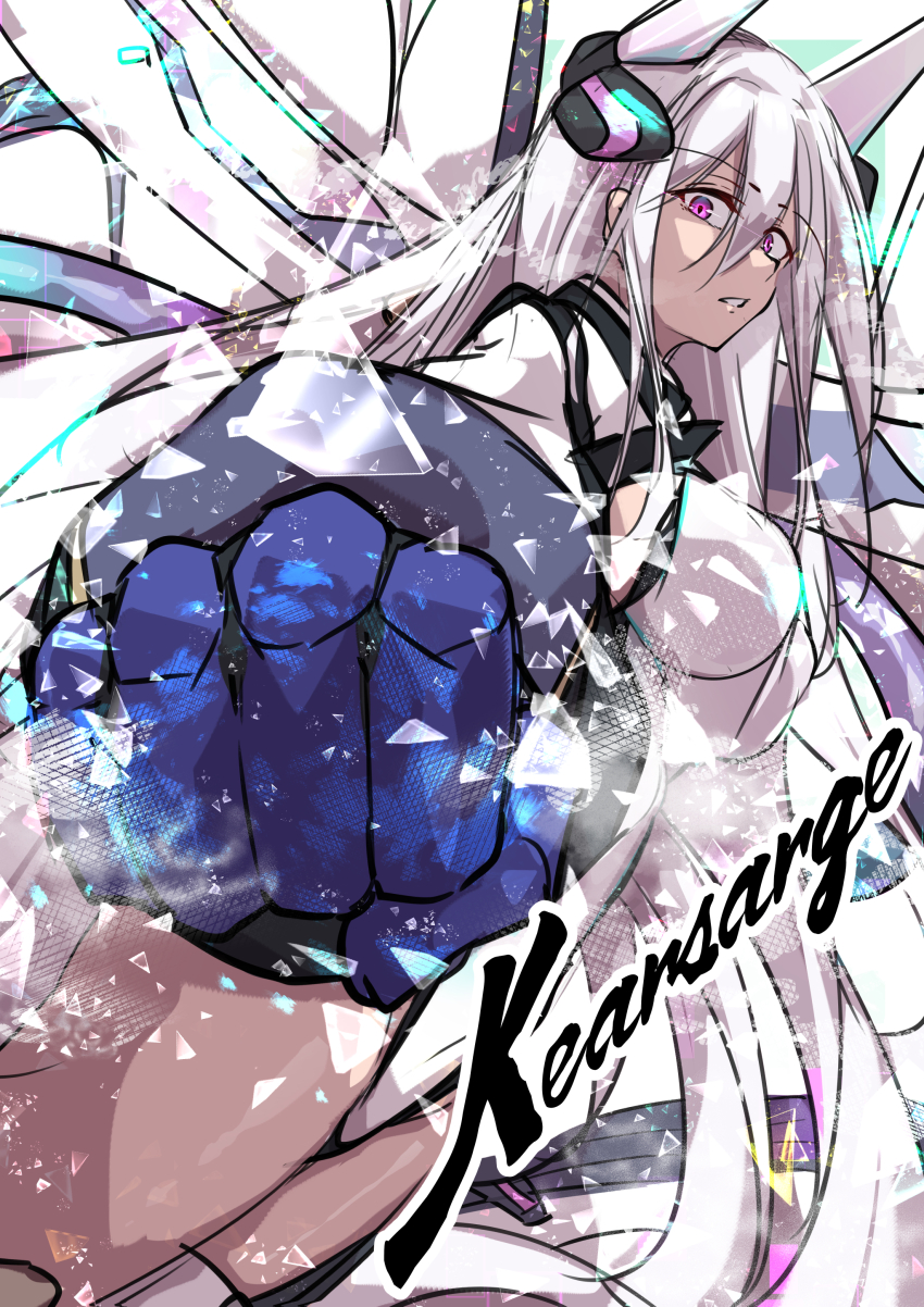 1girl absurdres azur_lane blue_gloves breasts character_name from_side gloves hair_between_eyes highres kearsarge_(azur_lane) large_breasts leotard long_hair looking_at_viewer oriue_wato parted_lips purple_eyes shrug_(clothing) sketch solo very_long_hair white_hair white_leotard white_shrug