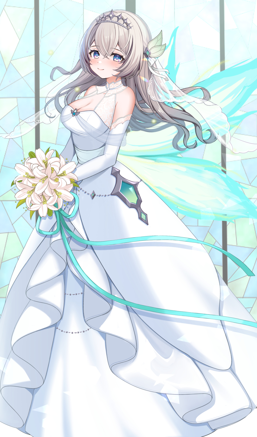 1girl absurdres alternate_costume aqua_hair bare_shoulders blush bouquet breasts bridal_veil cleavage closed_mouth commentary_request dress elbow_gloves firefly_(honkai:_star_rail) flower full_body gloves gradient_hair grey_hair hair_between_eyes hair_ornament highres holding holding_bouquet honkai:_star_rail honkai_(series) large_breasts long_hair looking_at_viewer multicolored_hair oguraponti purple_eyes sleeveless sleeveless_dress smile solo standing tiara veil very_long_hair white_dress white_flower white_gloves