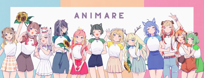 6+girls nanashi_inc. animal_ear_fluff animal_ears animare bear_ears bear_hair_ornament blonde_hair brown_hair closed_eyes dog_ears everyone hair_ornament hashiba_natsumi_(animare) highres hinokuma_ran hira_hikari inaba_haneru_(animare) kazami_kuku konan_mia long_hair looking_at_viewer multicolored_hair multiple_girls open_mouth orange_hair oura_rukako raglan_sleeves red_hair seshima_rui shiromiya_mimi shirt short_hair smile souya_ichika tsukinoki_tirol twintails v virtual_youtuber white_shirt yellow_eyes yoo_(conjmy) yunohara_izumi