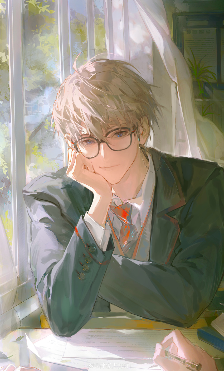 1boy absurdres banfan_dashi_xiaren black-framed_eyewear blazer blue_jacket blue_sky bulletin_board chair classroom closed_mouth collared_shirt crossed_arms curtains day desk glasses hair_between_eyes hand_on_own_cheek hand_on_own_face happy highres holding holding_pen jacket layered_sleeves lips long_sleeves looking_at_viewer love_and_deepspace male_focus necktie on_chair paper pen pointy_nose pov red_necktie school_desk school_uniform shirt short_hair sitting sky smile solo_focus tree upper_body white_hair white_shirt window xavier_(love_and_deepspace)