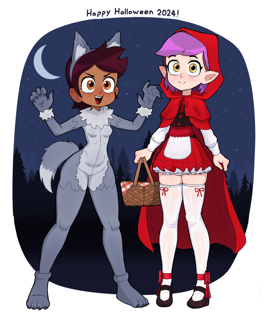 2024 20s 2girls absurdres amity_blight animal_costume animal_ears ankle_bow ankle_ribbon basket big_bad_wolf big_bad_wolf_(cosplay) black_shirt black_shoes blush bodysuit bow breasts brown_eyes brown_hair cape claws cosplay crescent_moon dark_skin disney fake_animal_ears fake_tail forest fur-trimmed_gloves fur_trim gloves grey_bodysuit grey_gloves grey_shoes halloween halloween_costume highres holding holding_basket hood hooded_cape leg_ribbon little_red_riding_hood_(fairy_tale) little_red_riding_hood_(fairy_tale_character) little_red_riding_hood_(fairy_tale_character)_(cosplay) long_sleeves looking_at_viewer luz_noceda mary_janes moon multicolored_hair multiple_girls nature night night_sky open_mouth paw_shoes pointy_ears purple_hair red_bow red_cape red_skirt ribbon rukisan(pixiv) shirt shoes short_hair skirt sky small_breasts smile standing star_(sky) starry_sky tail teeth the_owl_house thighhighs tree two-tone_hair white_thighhighs wolf_costume wolf_ears wolf_girl wolf_tail yellow_eyes