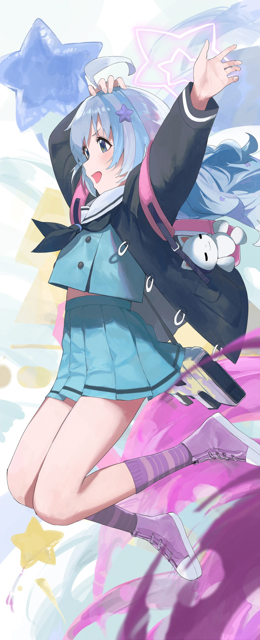 024th 1girl absurdres arms_up black_jacket blue_archive blue_eyes blue_hair blue_shirt blue_skirt from_side full_body halo hand_on_own_head highres jacket jumping long_hair miniskirt multicolored_hair open_clothes open_jacket open_mouth pleated_skirt purple_footwear purple_socks reisa_(blue_archive) shirt skirt socks solo star_halo streaked_hair stuffed_animal stuffed_rabbit stuffed_toy