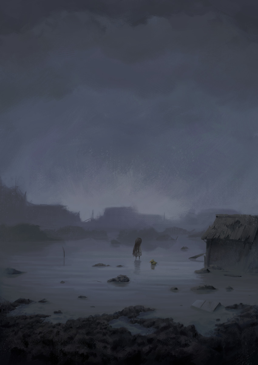 1girl absurdres bird brown_hair child cloud cloudy_sky commentary duck highres long_hair mud night original outdoors oversized_clothes oversized_shirt ruins scenery shirt sky solo subfiction very_wide_shot wading water white_shirt