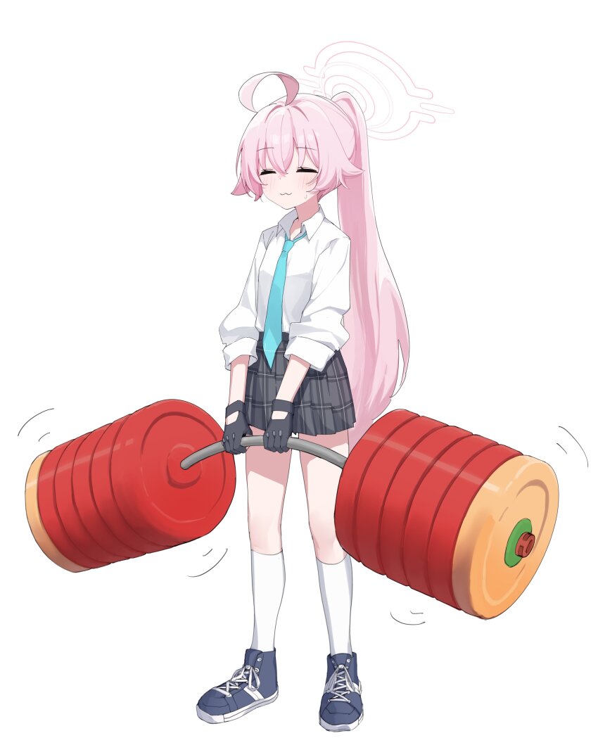 1girl :3 absurdres ahoge aqua_necktie arsyky14 barbell blue_archive blue_shoes blush closed_eyes closed_mouth commentary english_commentary exercising full_body gloves grey_gloves grey_skirt hair_between_eyes halo highres hoshino_(blue_archive) long_hair long_sleeves necktie pink_hair pink_halo plaid_clothes plaid_skirt ponytail school_uniform shirt shoes simple_background skirt sleeves_rolled_up small_sweatdrop sneakers socks solo strong very_long_hair white_background white_shirt white_socks