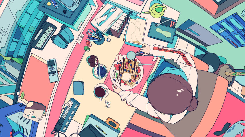 1girl akabane_1999 binoculars blueberry book box brown_hair building cat city clock coffee_maker coffee_mug commentary_request cup cutlery denim denim_shorts desk digital_clock fisheye food fork from_above fruit grey_cat hair_bun highres holding indoors loaded_interior long_sleeves marker mug original paperclip pen pencil scenery scissors seven-segment_display shelf shirt shorts slice_of_life solo strawberry table watering_can white_shirt window