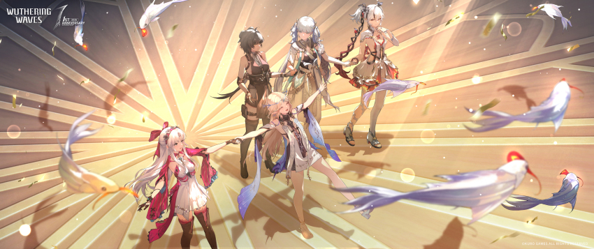 5girls absurdres bare_shoulders black_boots black_collar black_dress black_flower black_gloves black_hair black_thighhighs blake_bloom_(wuthering_waves) blonde_hair boots bow breasts camellya_(wuthering_waves) carlotta_(wuthering_waves) cartethyia_(wuthering_waves) closed_eyes coat collar commentary copyright_notice crown_of_thorns dress elbow_pads english_commentary female_rover_(wuthering_waves) flower from_above gloves hair_bow hair_flower hair_ornament hair_vines hand_grab hand_up highres jacket jinhsi_(wuthering_waves) large_breasts logo long_hair looking_at_another medium_breasts multiple_girls official_art open_mouth pantyhose pink_bow pink_jacket pink_thighhighs rover_(wuthering_waves) sandals short_hair sideless_dress single_leg_pantyhose sleeveless sleeveless_dress smile tabard thigh_boots thighhighs thighhighs_under_boots white_coat white_collar white_dress white_hair white_pantyhose white_tabard wuthering_waves