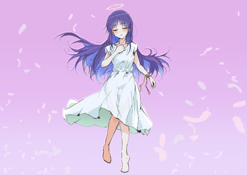 1girl absurdres aucufeo barefoot blush closed_eyes commentary_request dress feathers full_body halo hand_up highres hinata_yukari long_hair parted_lips pink_background purple_hair ribbon see-through_clothes see-through_dress solo thigh_gap white_dress wrist_ribbon yuyushiki