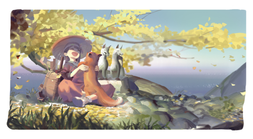 1girl :d absurdres animal bag black_hair blunt_bangs character_request closed_eyes day fox fox_statue ghost_of_tsushima happy hat headband highres indian_style laughing leaf long_hair open_mouth outdoors psi_(583278318) rice_hat sandals sitting smile socks statue tree