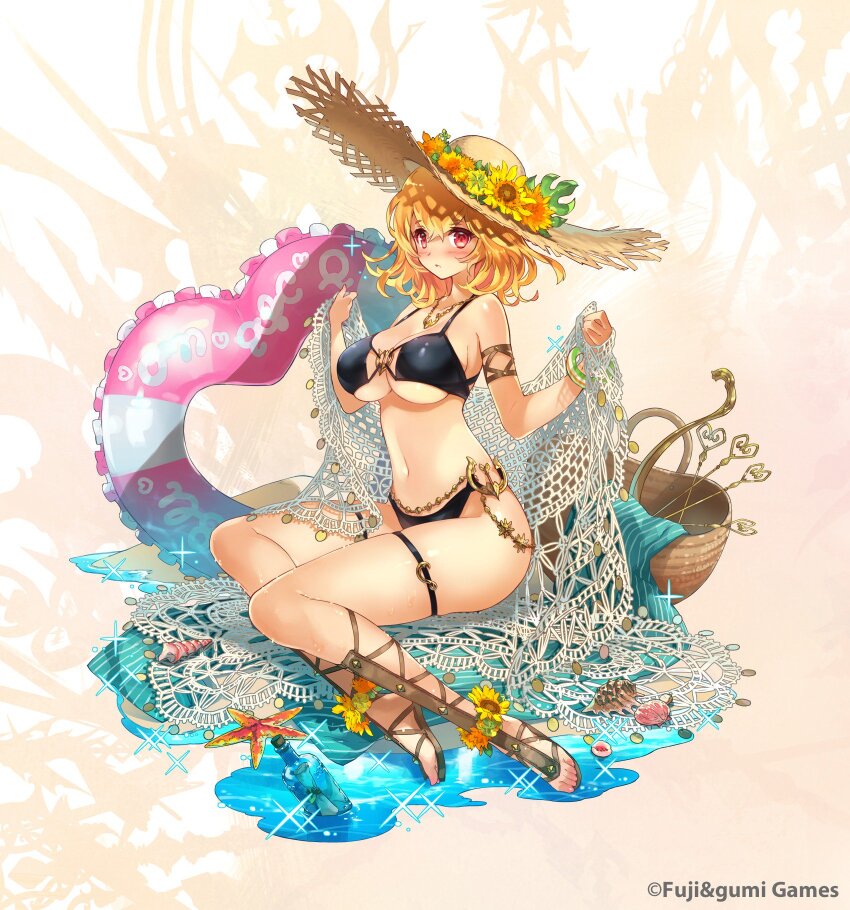 1girl ankle_lace-up arrow_(projectile) basket belly_chain bikini black_bikini blonde_hair blush bottle breasts cleavage company_name da-kuro eros_(phantom_of_the_kill) flower hat heart-shaped_innertube highres innertube jewelry large_breasts looking_at_viewer necklace net no_socks official_alternate_costume official_art phantom_of_the_kill pink_innertube red_eyes sand sandals seashell second-party_source shawl shell shiny_skin short_hair simple_background skindentation solo starfish straw_hat swim_ring swimsuit two-tone_innertube water weapon_background white_innertube