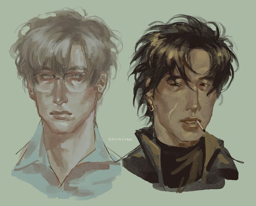 2boys bags_under_eyes black_eyes black_hair black_shirt cigarette collared_shirt curtained_hair expressionless glasses green_background grey_eyes hair_flowing_over looking_at_viewer multiple_boys open_mouth original parted_bangs portrait scar scar_on_face shirt sonaireeart teeth upper_teeth_only white_hair white_shirt