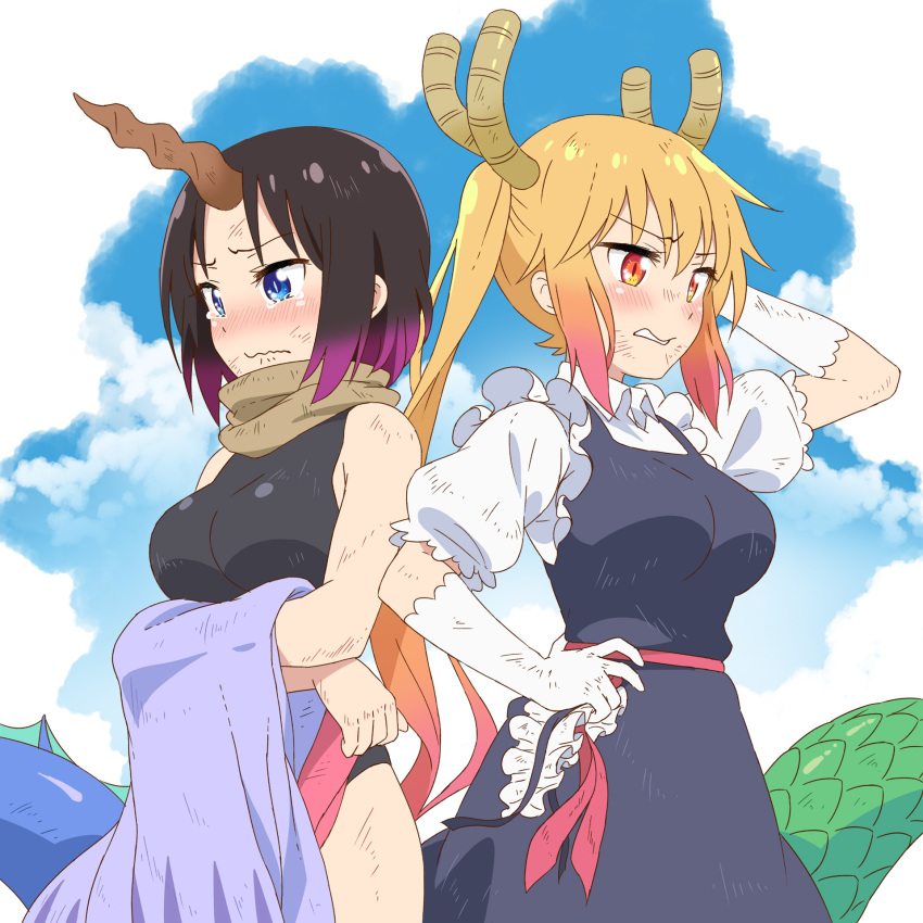 2girls anime_coloring apron back-to-back bare_shoulders black_dress black_hair black_tank_top blonde_hair blue_eyes blue_sky blush breasts closed_mouth clothes_grab cloud cloudy_sky cowboy_shot dragon_girl dragon_horns dragon_tail dress elbow_gloves elma_(maidragon) frills frown gloves gradient_hair hand_on_own_chest hand_on_own_head highres horns kagero_(plusup) kobayashi-san_chi_no_maidragon looking_to_the_side maid maid_headdress multicolored_hair multiple_girls orange_eyes own_hands_together puffy_sleeves scarf shirt short_hair short_sleeves sidelocks single_horn sky sleeveless sportswear standing tail tank_top tears teeth tohru_(maidragon) twintails white_shirt
