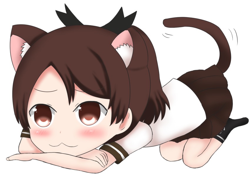 10s 1girl anchor_symbol animal_ears black_legwear brown_eyes brown_hair commentary_request etowaaru eyebrows female_focus kantai_collection kemonomimi_mode long_hair ponytail school_uniform serafuku shikinami_(kancolle) simple_background solo tail wavy_mouth white_background