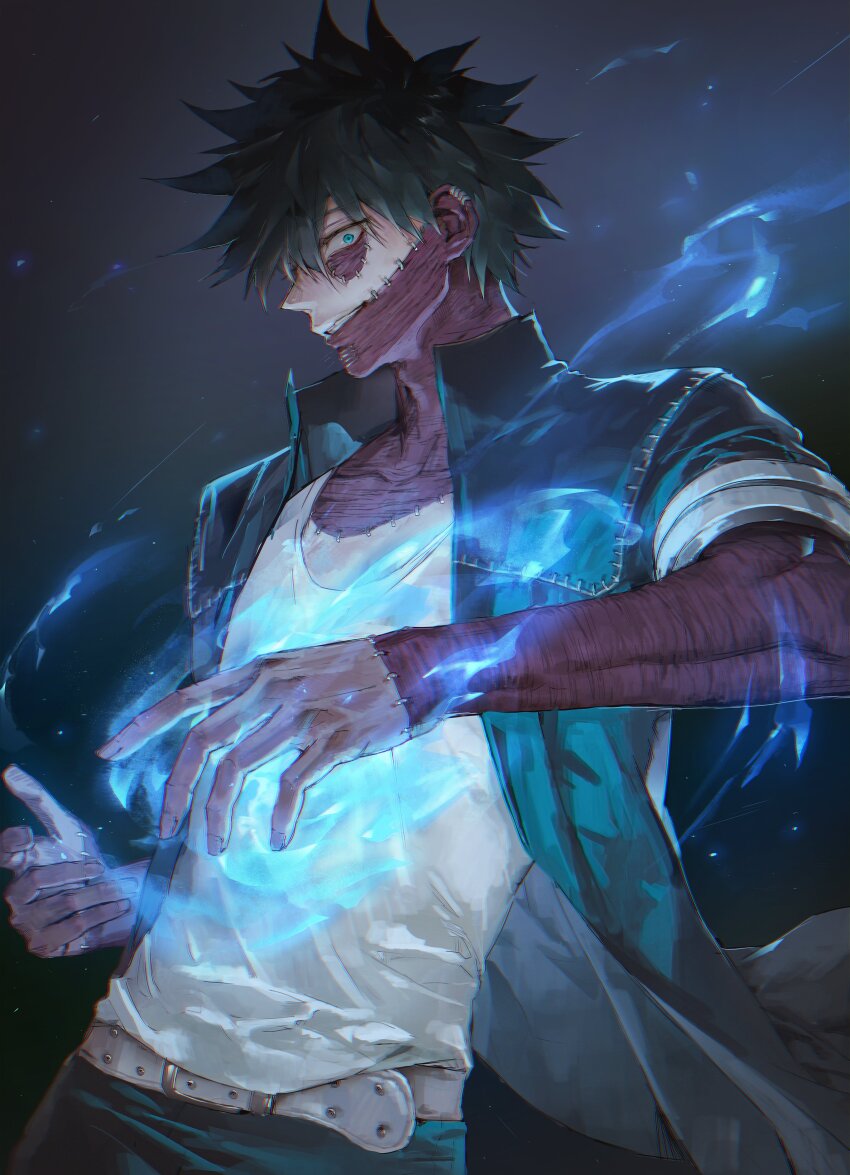 1boy absurdres ateli_er belt black_background black_jacket blue_eyes blue_fire boku_no_hero_academia burn_scar cheek_piercing commentary_request cowboy_shot dabi_(boku_no_hero_academia) denim face_piercing fire hair_between_eyes highres jacket jeans korean_commentary looking_at_viewer male_focus messy_hair multiple_piercings multiple_scars pants piercing pyrokinesis scar shirt short_hair short_sleeves smirk solo staple stapled white_belt white_hair white_shirt